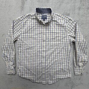 Mason James Shirt Mens Medium Blue Tan Plaid Stretch Button Down Long Sleeve